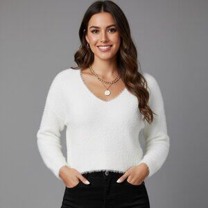 White Drop Shoulder Fuzzy Sweater